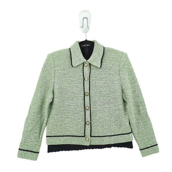 ST JOHN Women 4 Tweed Knit Set Green Black Blazer Blouse Mock Neck VTG FALL 2000